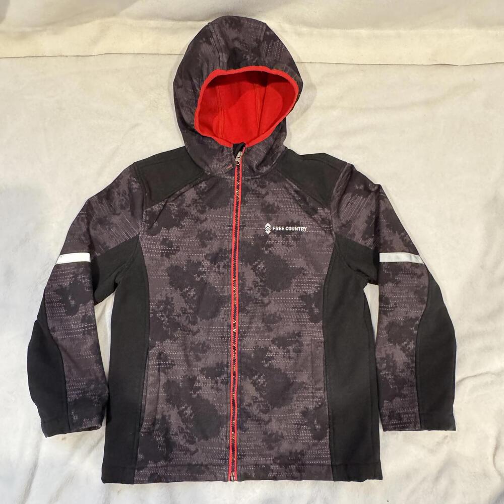 Free Country Youth 10/12 Coat Hooded Jacket Black Pattern Red Fleece Lined Boys